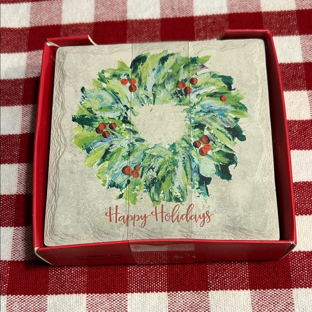Festive Holiday Wreath Coasters with Cork Back Set of Four